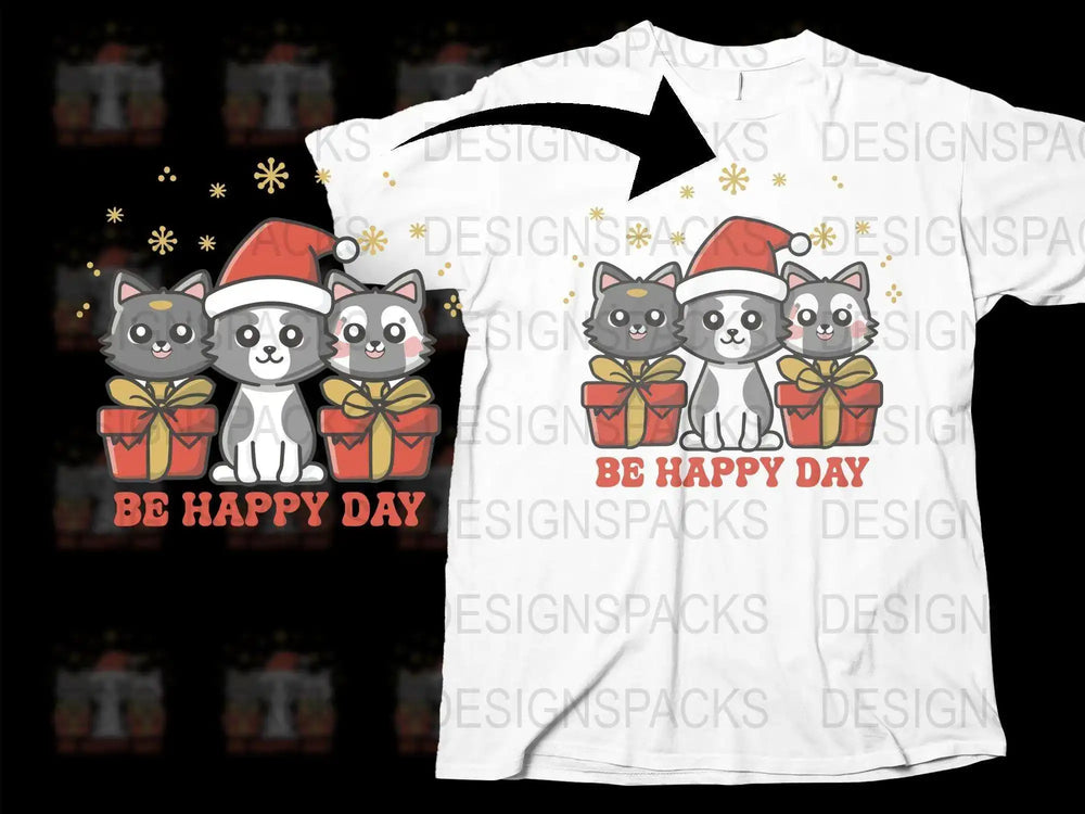 Be Happy Day Christmas Cat T-Shirt, Cute Holiday Cats in Gift Boxes, Festive Winter Apparel for Cat Lovers