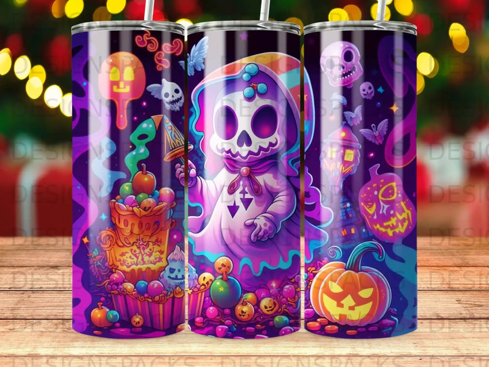 Halloween themed tumbler with a ghost, pumpkin, and candy.