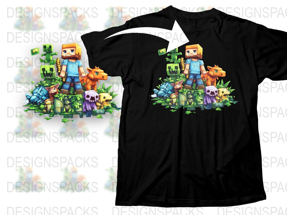 Minecraft Inspired T-Shirt, Colorful Character Print, Youth Gamer Tee, Unisex Kids Apparel, Unique Graphic Shirt