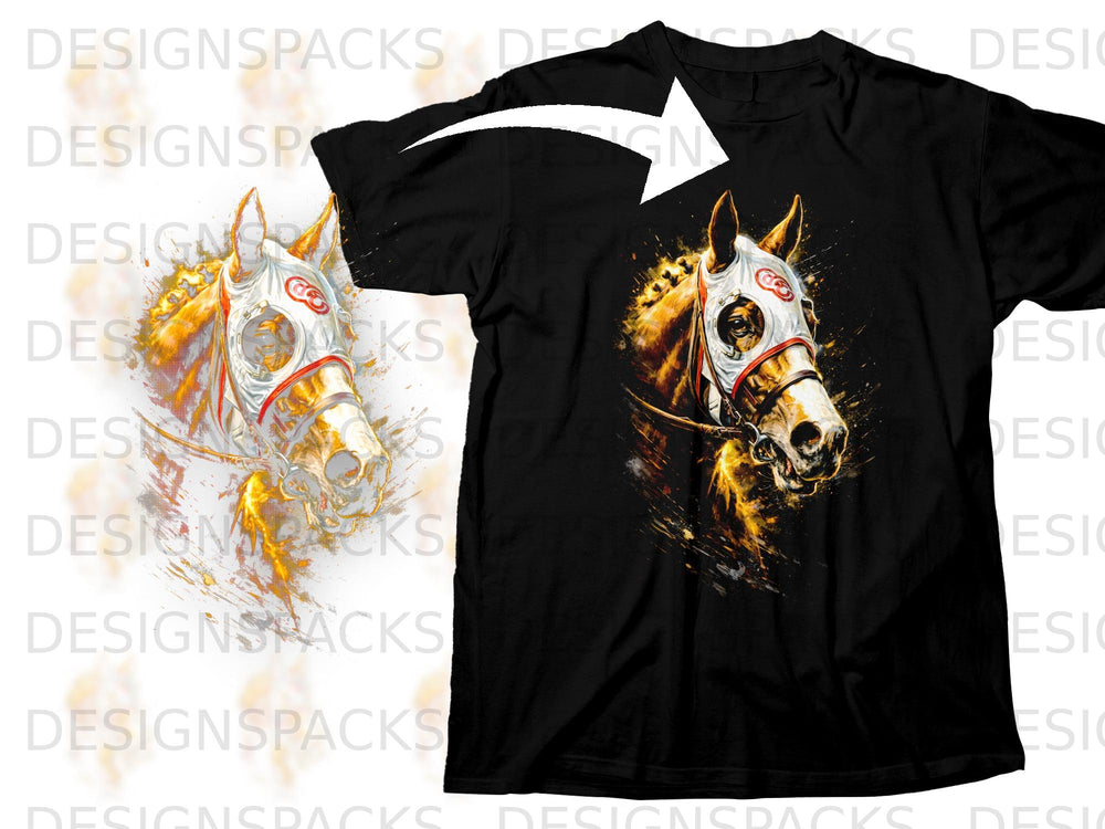 Black t-shirt with a graphic of a horse's head wearing a white and red bridle.