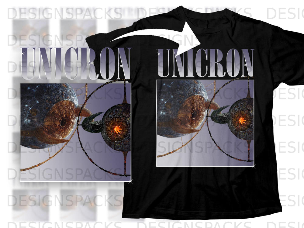 Black t-shirt mockup featuring "UNICRON" text over a sci-fi mechanical orb graphic.