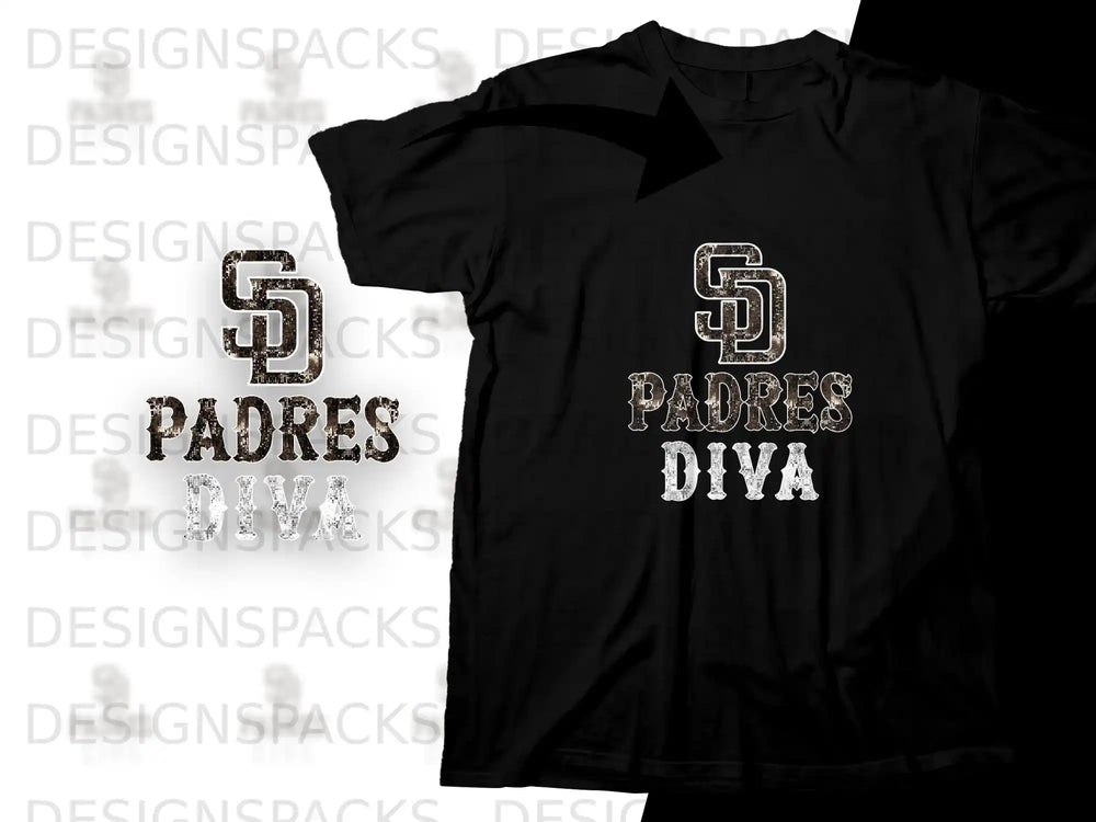 Black t-shirt with "Padres Diva" text and Padres logo graphic.