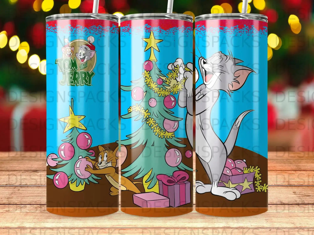 Tom and Jerry with Christmas trees and presents.