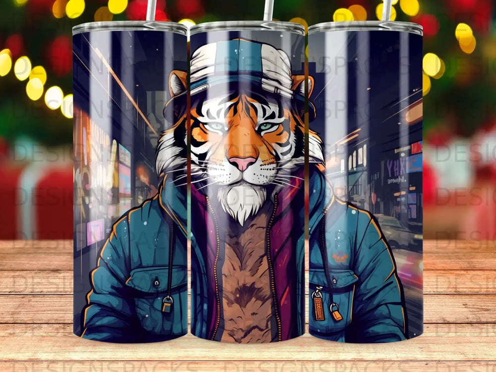 Tiger wearing hat and jacket in a city at night.
