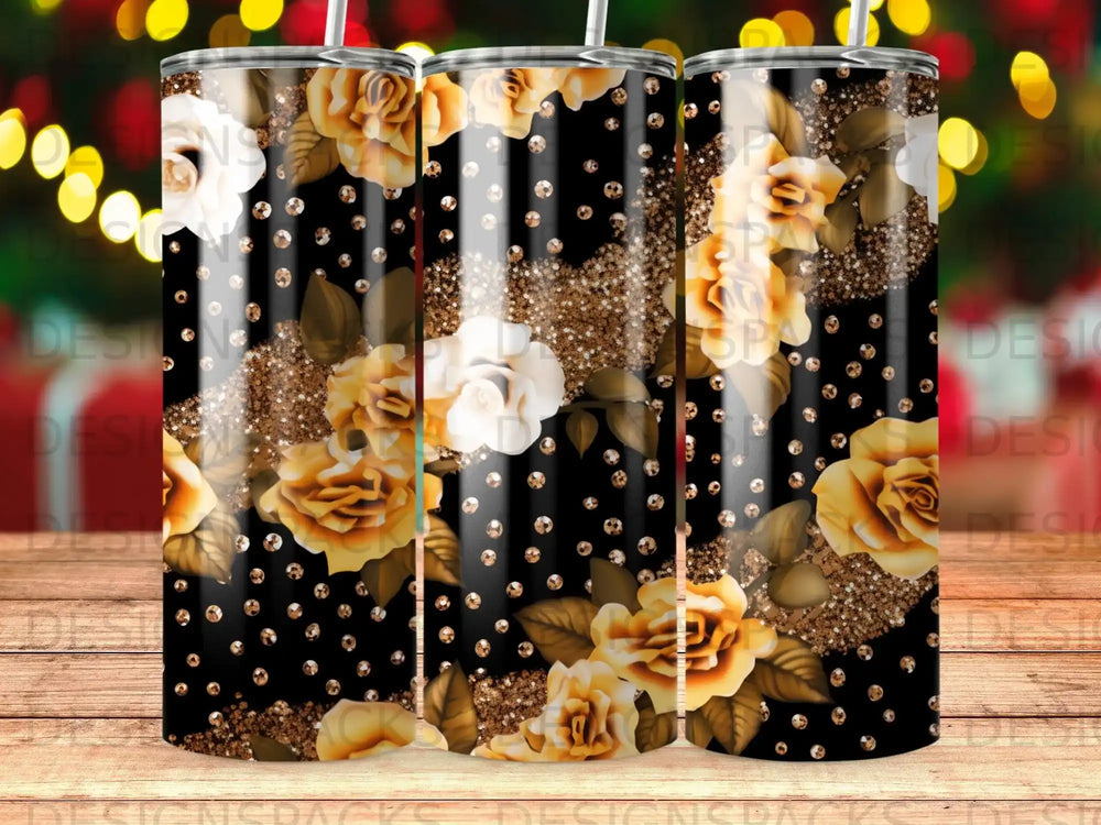 Black tumbler with scattered gold roses and glitter.