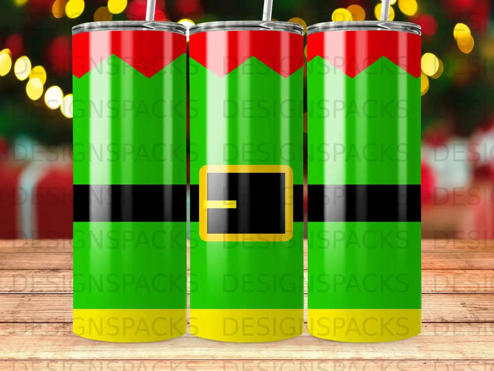 Three green elf-themed tumblers with red and yellow accents.
