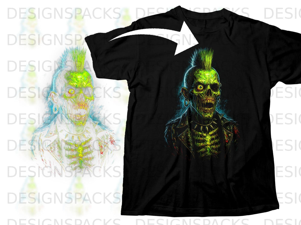 Black t-shirt featuring a green, punk-rock zombie skull with mohawk and spiked jacket.