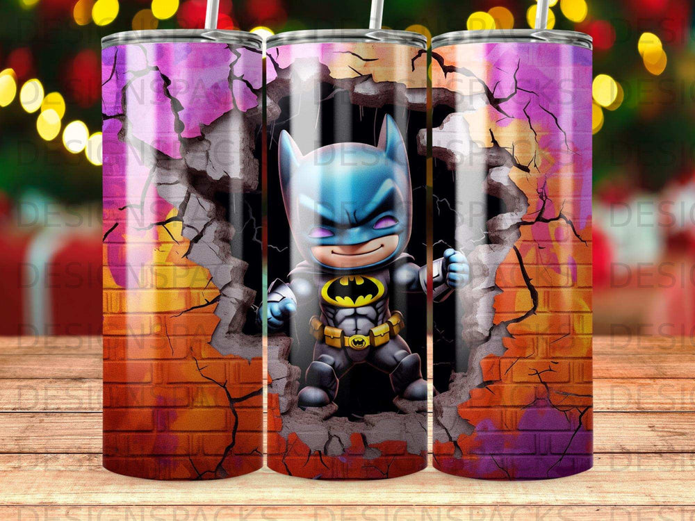 Batman peeking through a cracked wall with a colorful, brick-like background.
