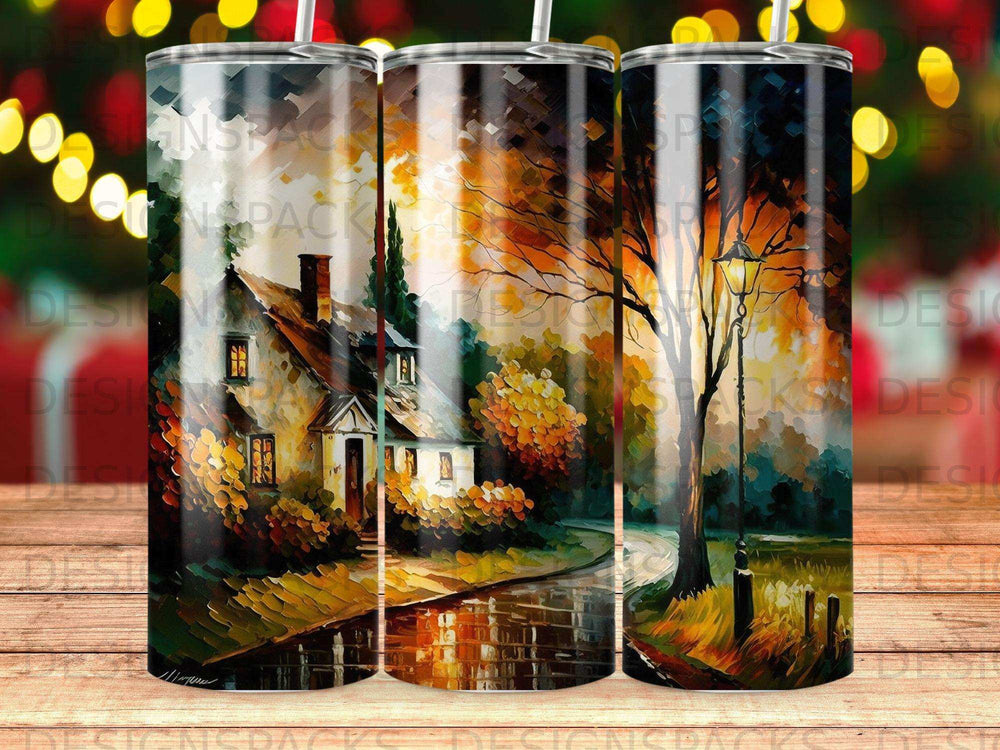 Rustic cottage and street lamp scene with autumn trees reflected in water.