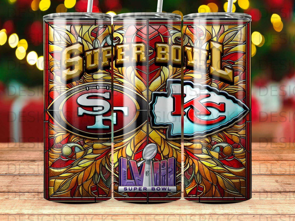 Super Bowl LIV tumbler with San Francisco 49ers and Kansas City Chiefs logos.