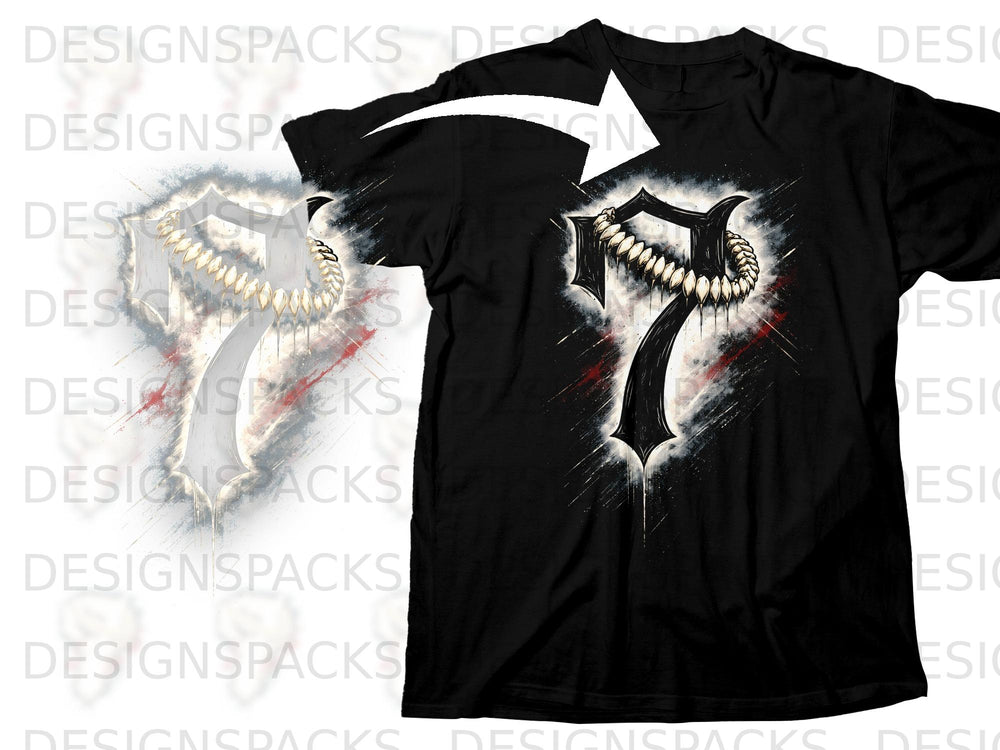 Black t-shirt with a stylized graphic of the number 7 with teeth.