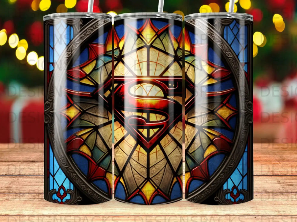 Superman logo in stained glass pattern on a tumbler.