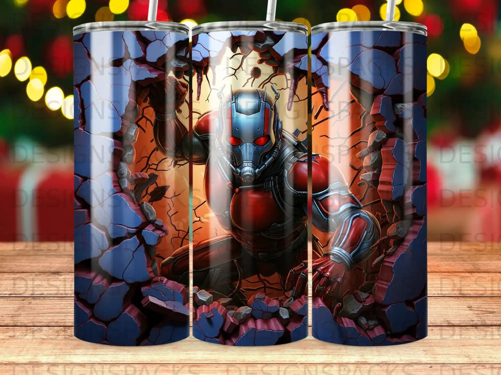 Ant-Man in red and blue suit breaking through a cracked blue wall.