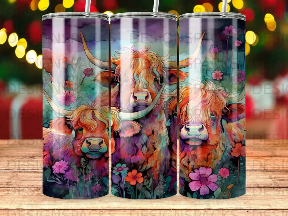 Three Highland cows with colorful floral designs on tumblers.