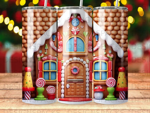 Gingerbread house tumbler with candy cane and lollipop decorations.