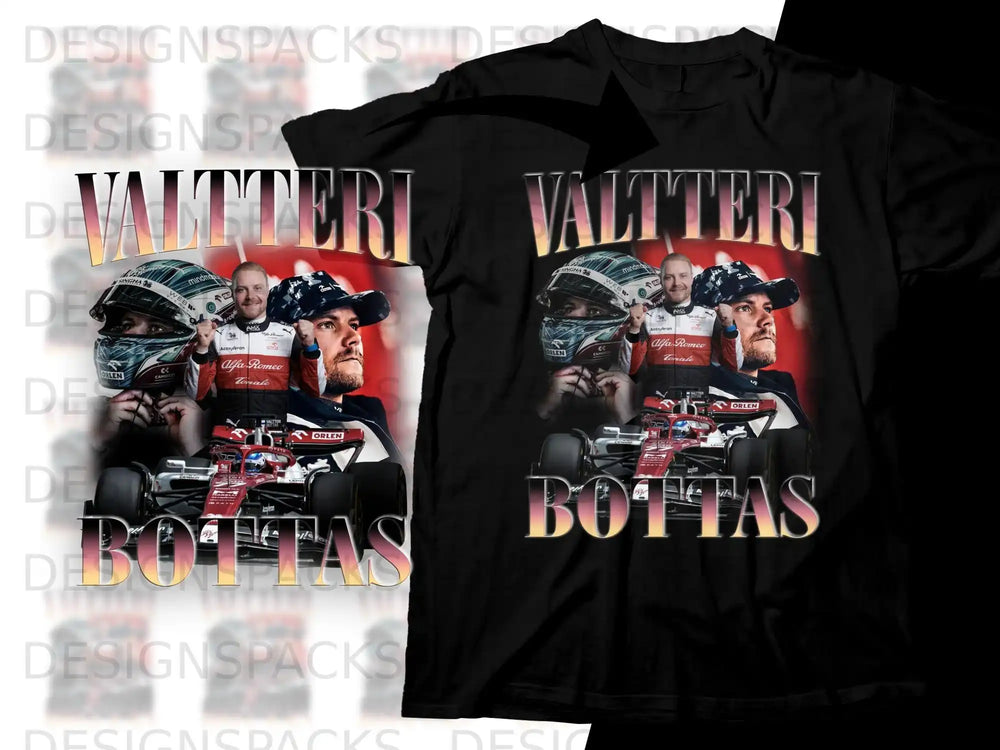 Valtteri Bottas in Alfa Romeo racing gear, with "VALTTERI BOTTAS" text.