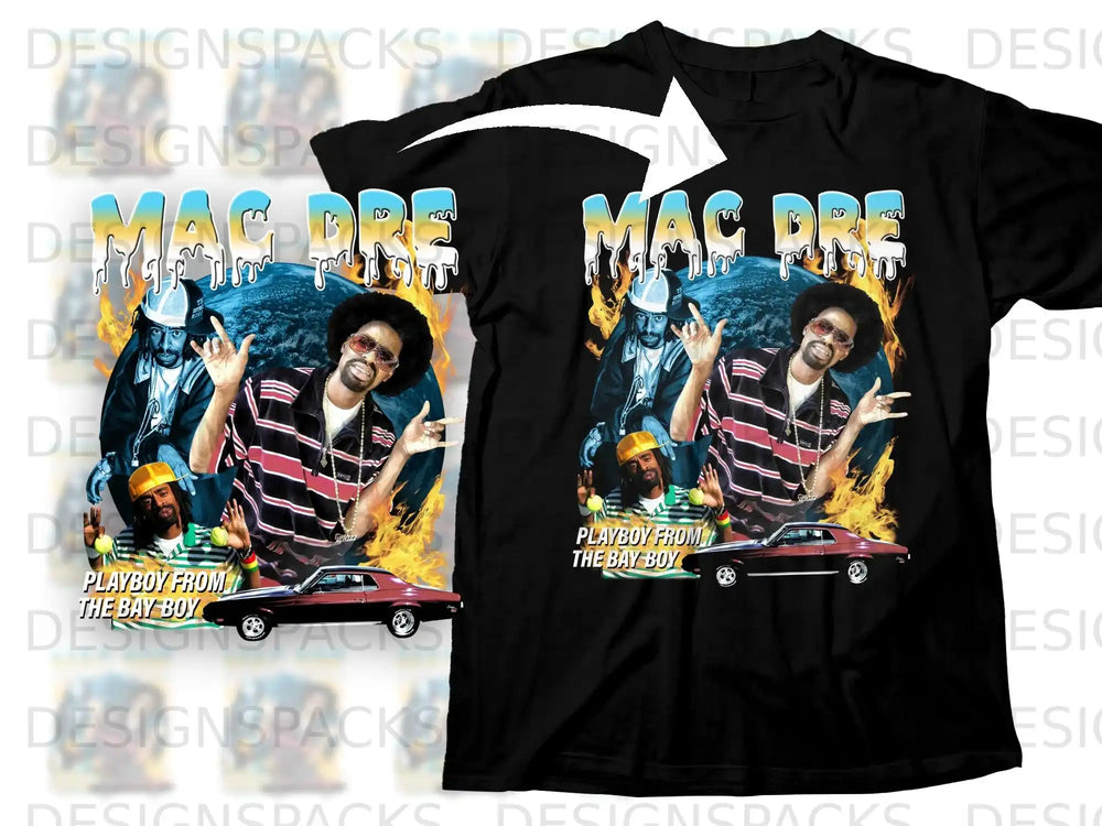 Mac Dre "Playboy from the Bay Boy" t-shirt design with artist and car graphic.
