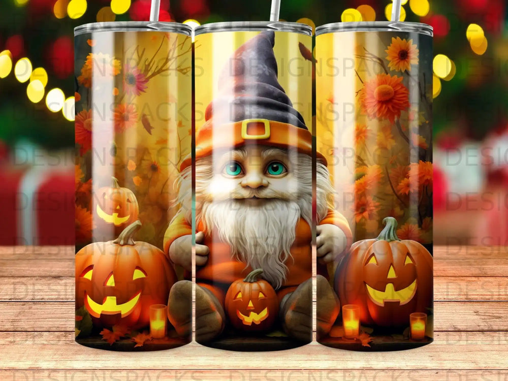 Halloween gnome with pumpkins, flowers, and fall theme on three tumblers.