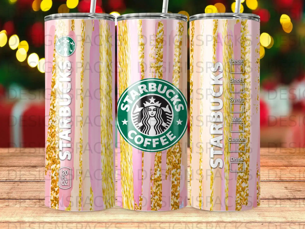 Starbucks tumbler with gold stripes and coffee cup logo.