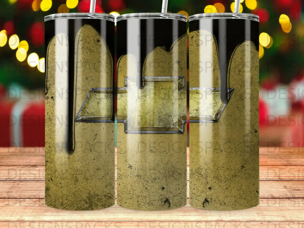 Gold Chevy emblem on black tumbler with textured gold paint drips.