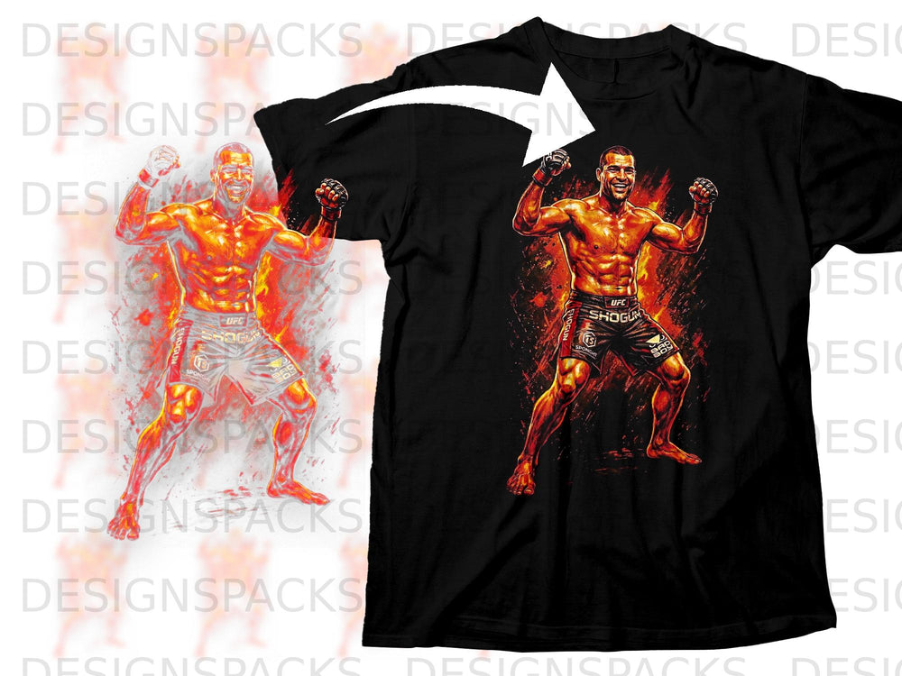 Black t-shirt with a graphic of a muscular fighter with arms raised.
