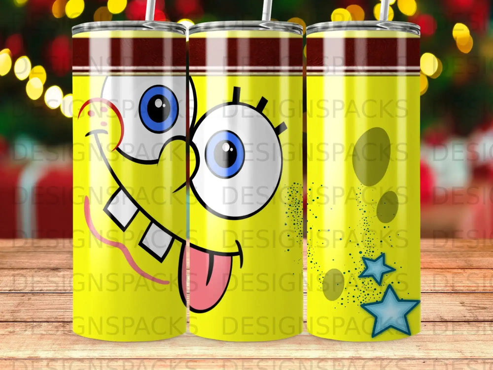SpongeBob SquarePants tumbler with yellow, blue, and star patterns.