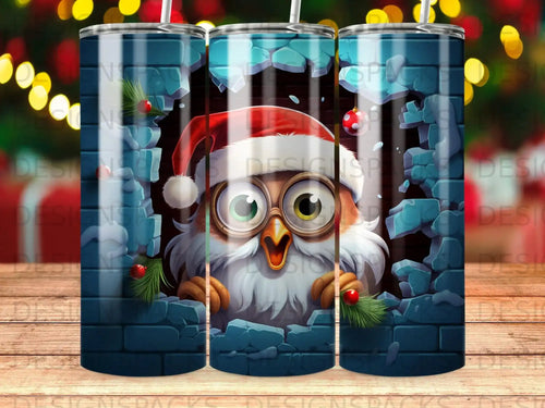Cartoon owl in Santa hat peeking through a brick wall.
