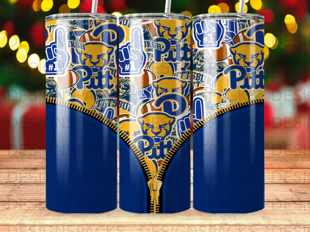 University of Pittsburgh Panthers logo on a blue zippered tumbler with a white and gold pattern.