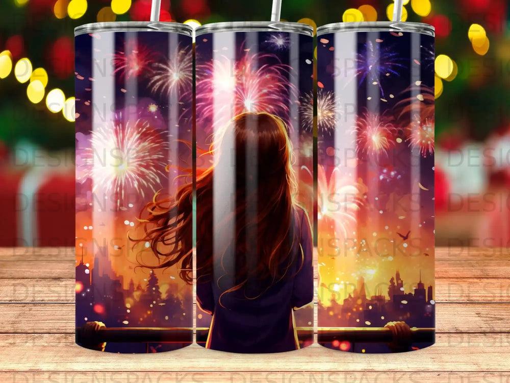 Woman watching colorful fireworks over city skyline from balcony.