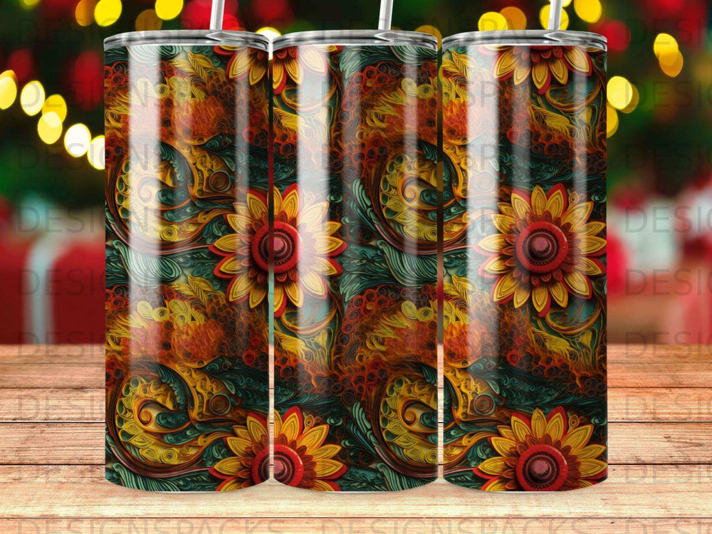 Tumbler with repeating pattern of colorful floral designs and swirling lines.