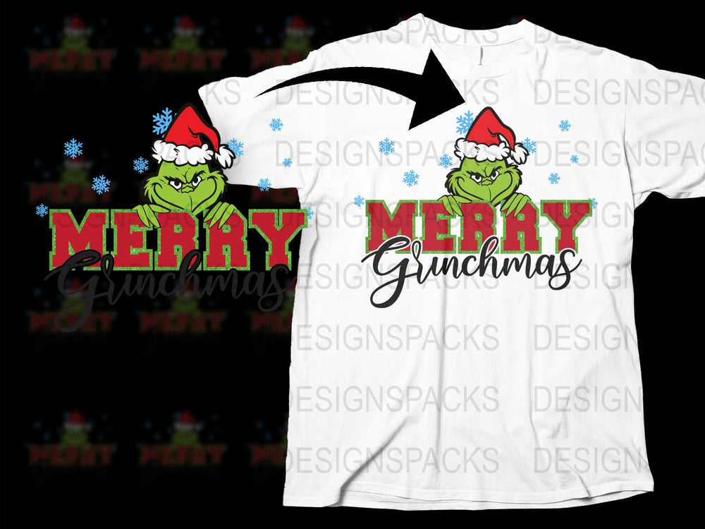 Merry Grinchmas T-Shirt, Funny Christmas Tee, Holiday Santa Hat Grinch Shirt, Festive Xmas Gift Idea, Unisex Adult Clothing Sizes