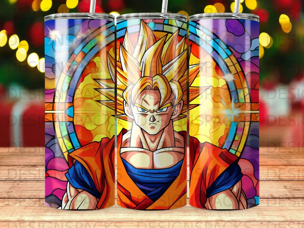 Goku from Dragon Ball Z with stained-glass background.