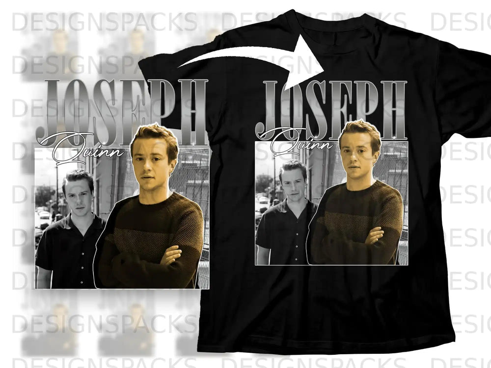 Joseph Quinn t-shirt with black and white portrait of the actor.