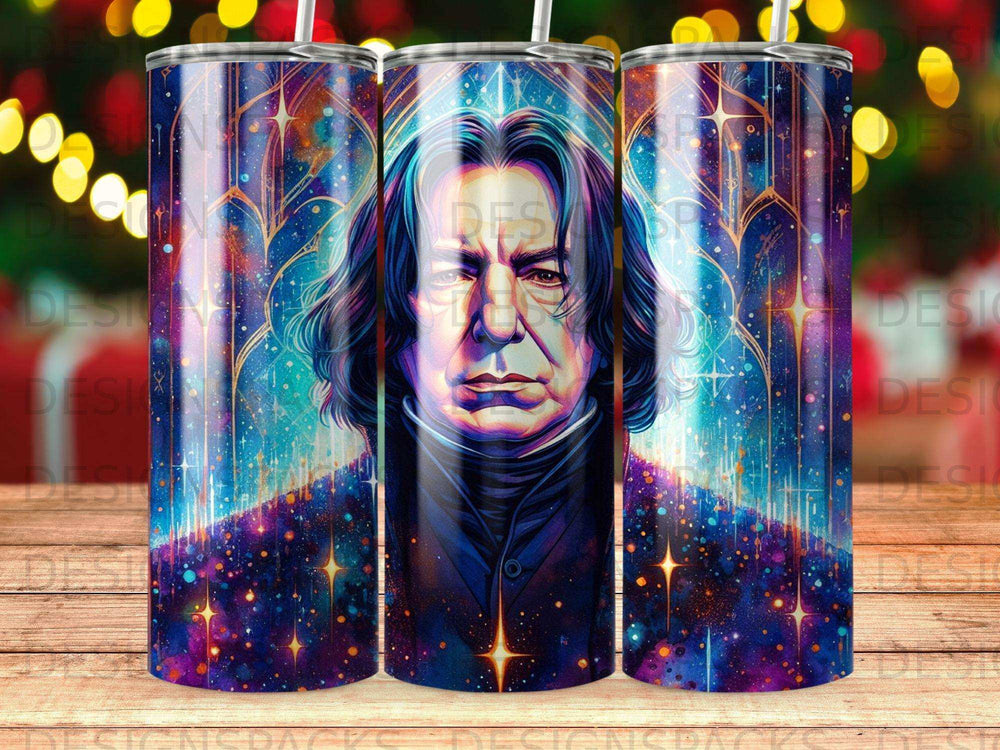 Severus Snape portrait with cosmic background on a tumbler design.