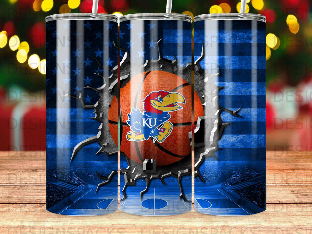 Kansas Jayhawks basketball logo on cracked American flag overlaying basketball court.