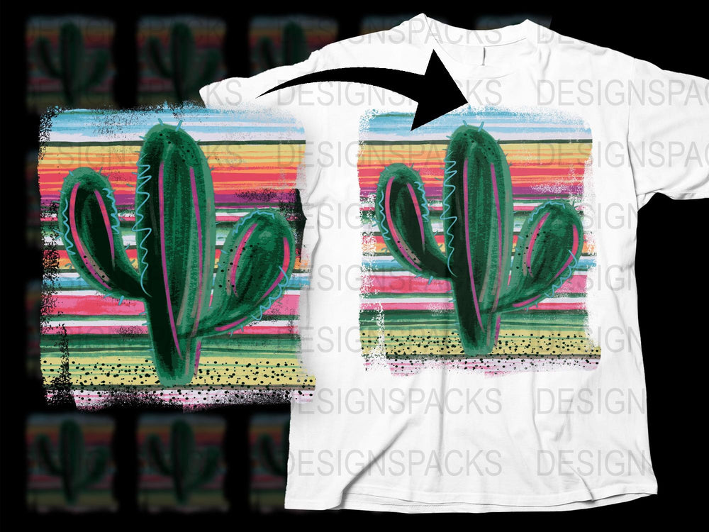 Colorful Cactus Graphic T-Shirt, Distressed Look Striped Background, Trendy Plant Design, Summer Casual Wear