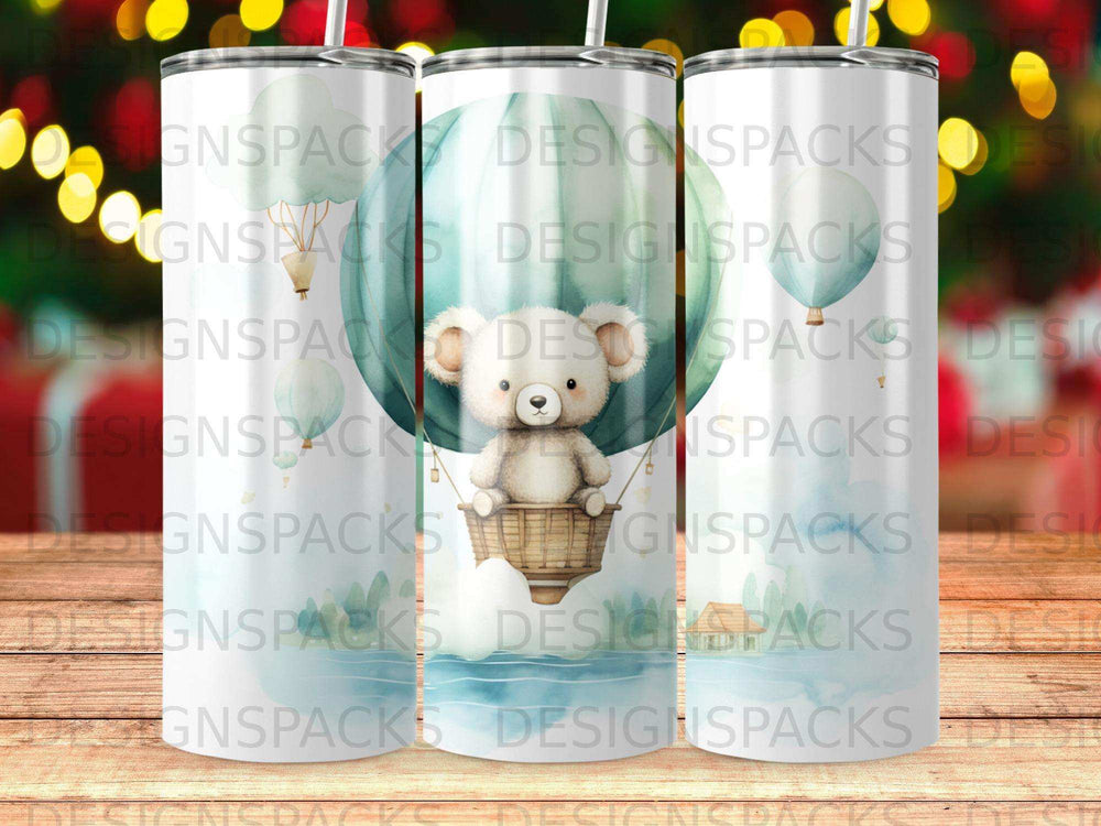 Teddy bear in hot air balloon with watercolor background and "DESIGNS PACKS" watermark.