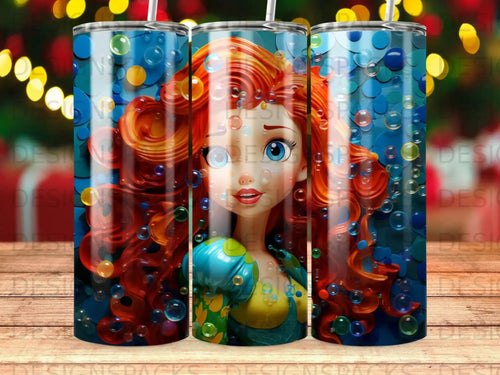 Cartoon girl with red hair and blue eyes, surrounded by bubbles.