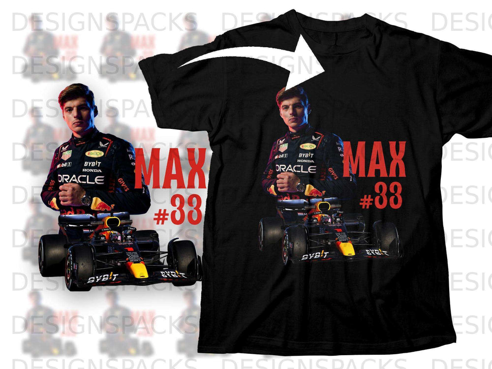 Max Verstappen and Red Bull Racing F1 car graphic on a black t-shirt.