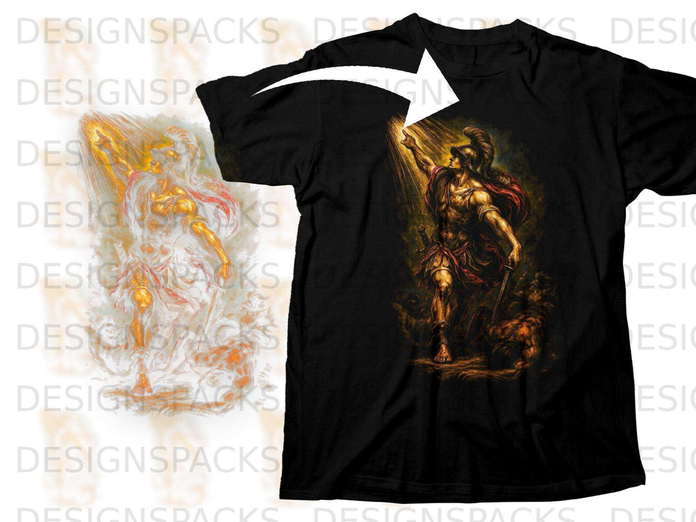 Black t-shirt with a warrior in a helmet reaching towards light.