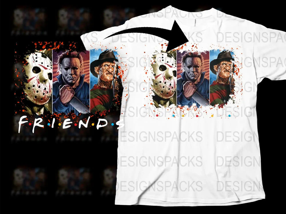 Horror Movie Icons Friends T-Shirt, Scary Character Group Tee, Unisex Horror Film Fan Apparel