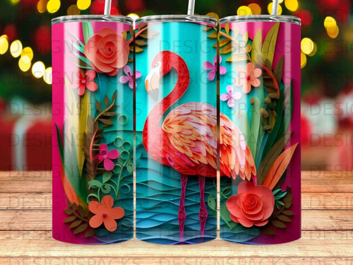 Flamingo and floral pattern on a pink and blue patterned tumbler.