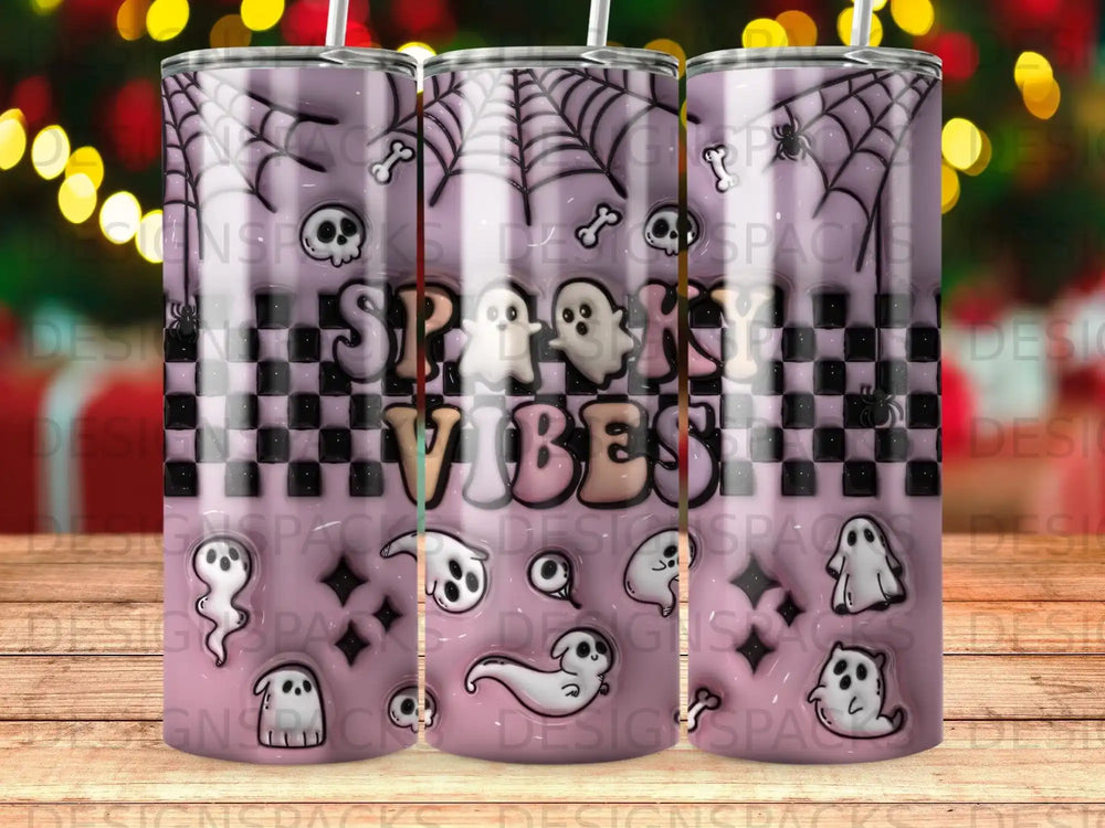 Tumbler with "Spooky Vibes" text and a checkered pattern with ghosts.