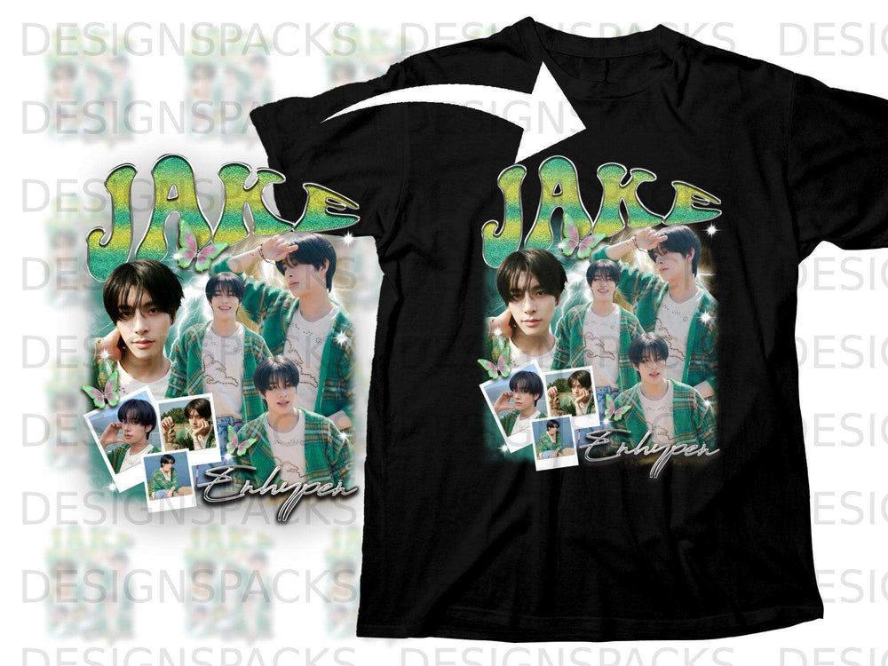 Black t-shirt with a collage of K-pop group Enhypen members, "Jake" text.