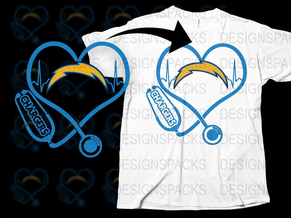 Chargers Heart Stethoscope T-Shirt, Nurse Doctor Medical Theme Sports Fan Apparel