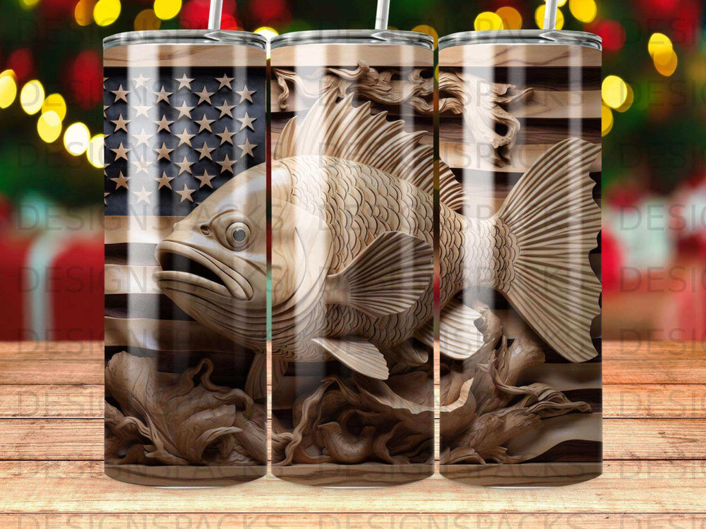 Wooden carved fish with American flag pattern background on a tumbler.