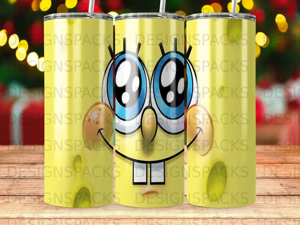 Spongebob character illustration on three cylindrical tumblers with yellow backgrounds.