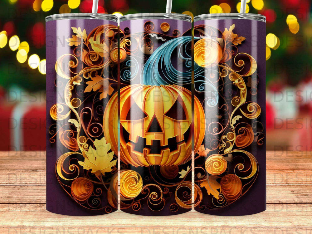 Orange jack-o'-lantern with swirling gold and blue filigree on a dark background.