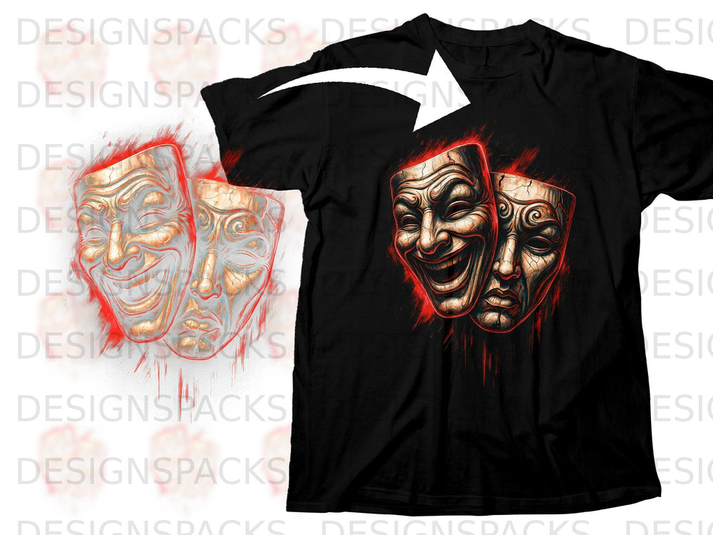 Black t-shirt with a graphic of three distressed comedy and tragedy masks.