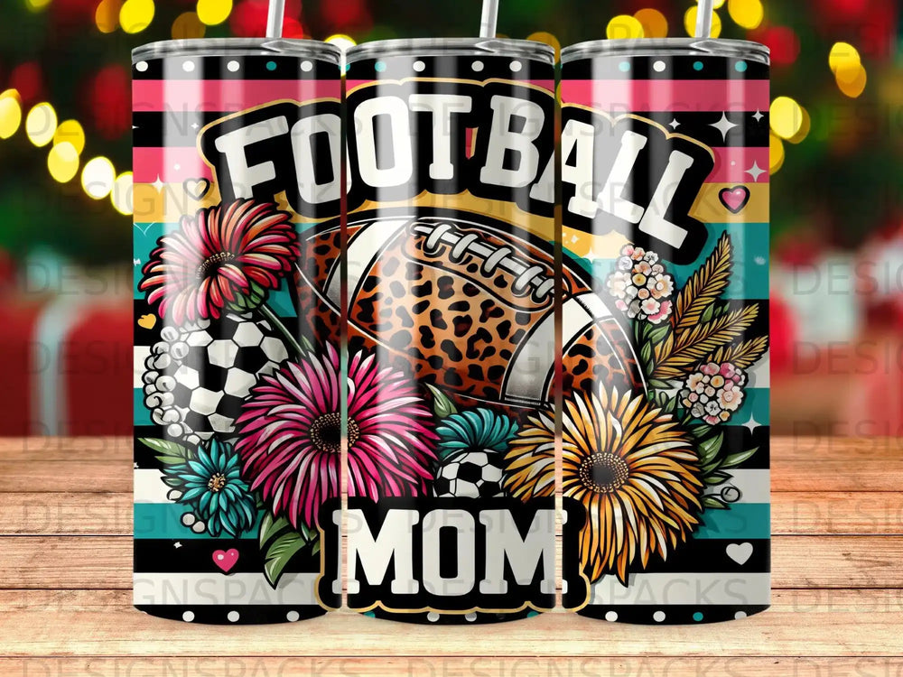 Mom football tumbler with cheetah print and floral accents.